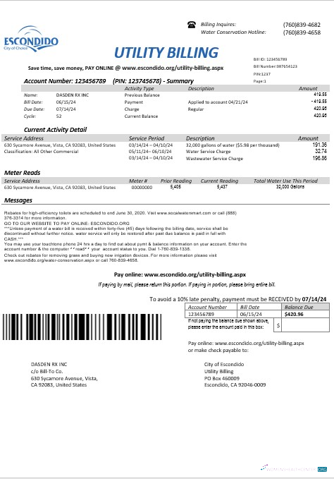 USA California Escondido City of Choice business utility bill template in Word and PDF formats